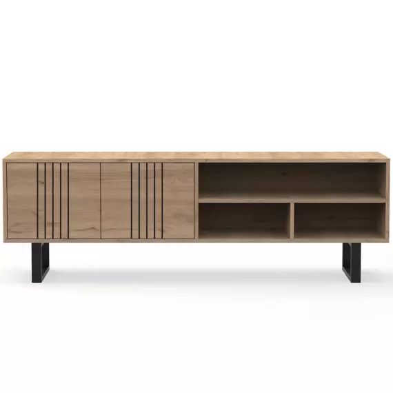 Meuble TV 2 portes 3 niches effet bois / noir 160 cm