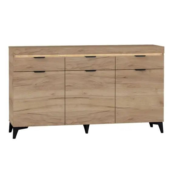 Buffet 3 portes 3 tiroirs LED inclus panneaux stratifiés naturel