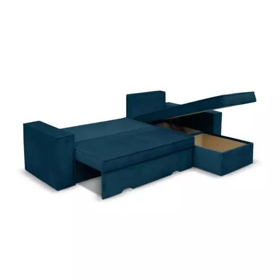 Canapé d’angle CAELIA Réversible et Convertible avec coffre en velours – Bleu canard – 250 x 180 x 79 cm – Usinestreet