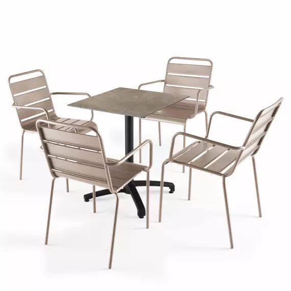 Ensemble table de jardin stratifié marbre beige et 4 fauteuils taupe