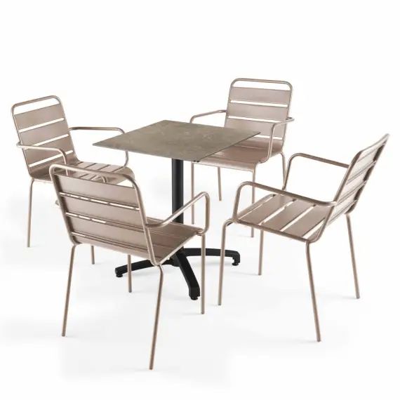 Ensemble table de jardin stratifié marbre beige et 4 fauteuils taupe