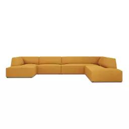 Canapé d’angle droit panoramique 7 places en tissu structurel jaune