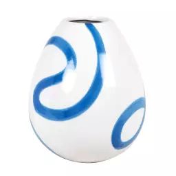 Vase œuf en grès blanc et bleu H26