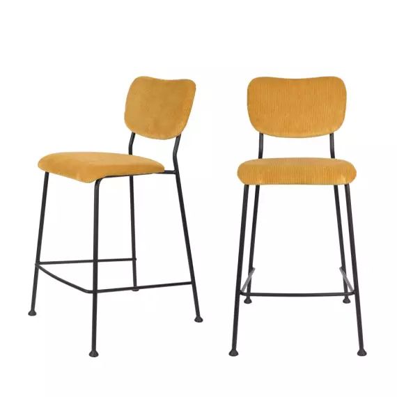 Lot de 2 tabourets de bar en velours côtelé 65cm jaune moutarde