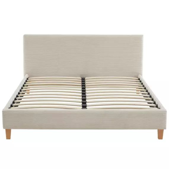 Lit adulte 160×200 avec tête de lit capitonnée en velours côtelé beige