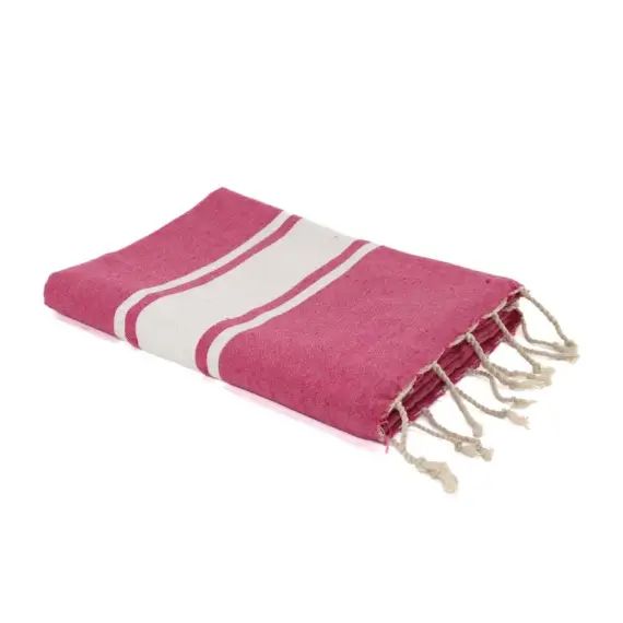 Fouta en coton bande blanche 100×200 Rose fuschia