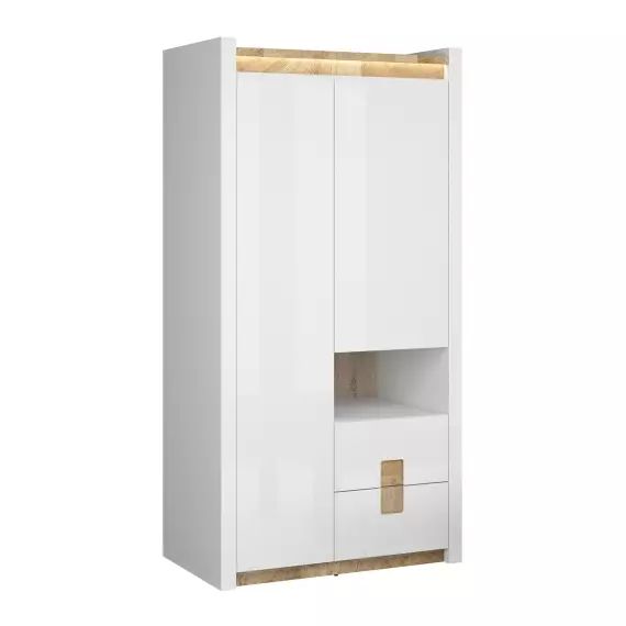 Armoire 2 portes 2 tiroirs 1 niche avec led blanc laqué et naturel