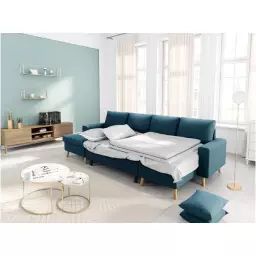 Canapé d’Angle Panoramique MARIA SCANDINAVE Convertible – Bleu canard – 290 x 146 x 92 cm – Usinestreet