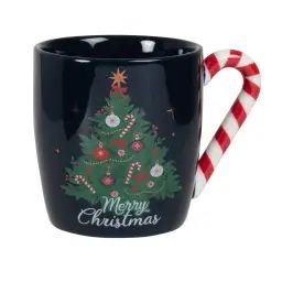 Mug en grès motifs Noël noirs, blancs, verts, rouges et dorés