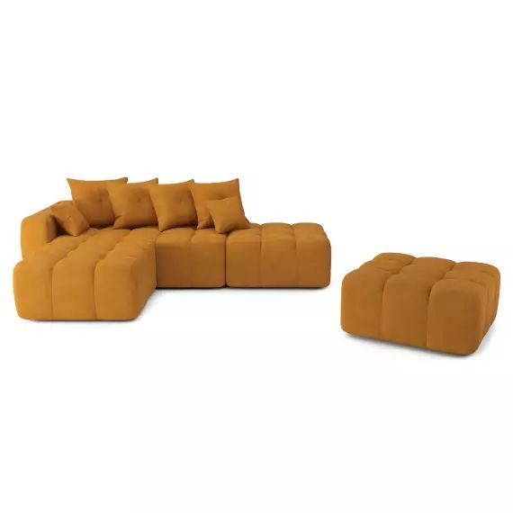 Canapé d’angle gauche convertible en tissu 6 places moutarde