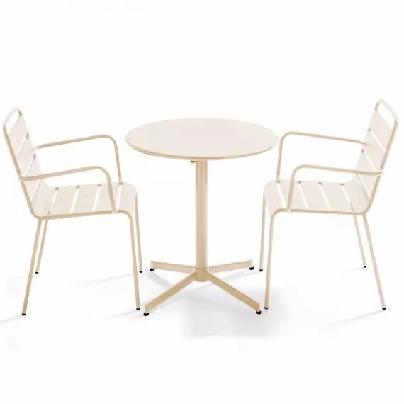 Ensemble table de jardin et 2 fauteuils métal ivoire