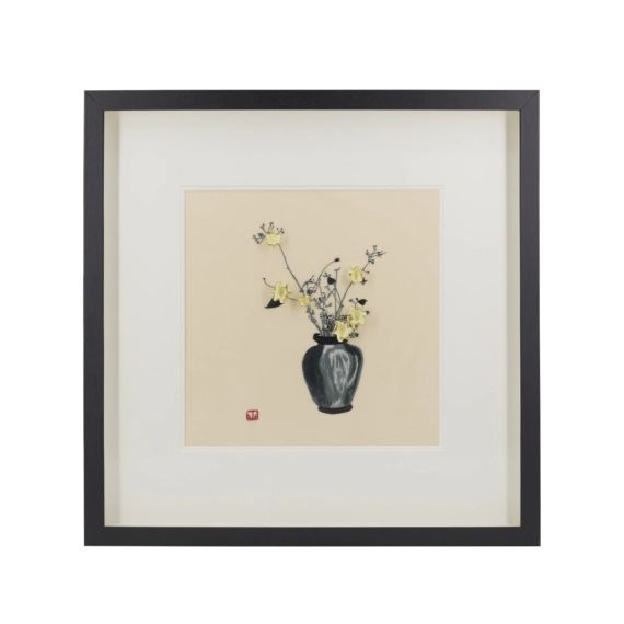 Tableau vase brodé fleurs avec verre 60×60