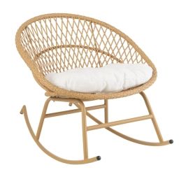 Chaise de jardin à bascule effet rotin avec coussin blanc