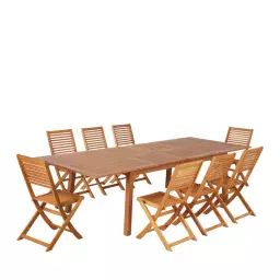 Essi – Ensemble de jardin 1 table et 8 chaises en bois d’eucalyptus – Couleur – Bois clair