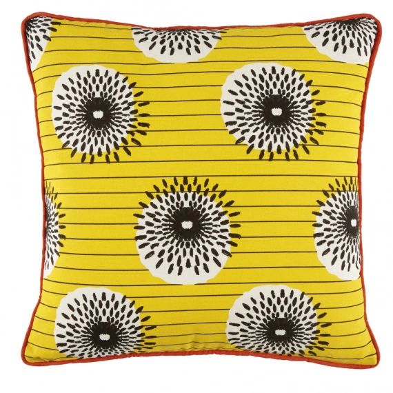 Coussin d’extérieur en coton jaune à motifs multicolores 45×45