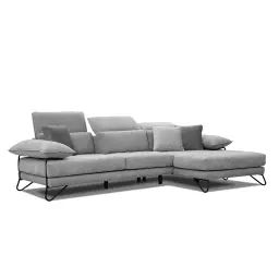 Canapé d’angle droit 4 places en tissu gris avec coussins déco
