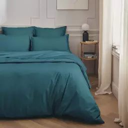 Parure de lit en percale de coton bleu emeraude 200×200