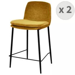 Chaise de bar tissu chenillé Moutarde et métal noir mat (x2)