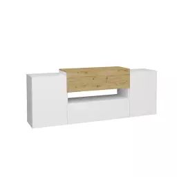 Meuble TV 2 portes 2 tiroirs blanc brillant et chêne artisan – L182 cm