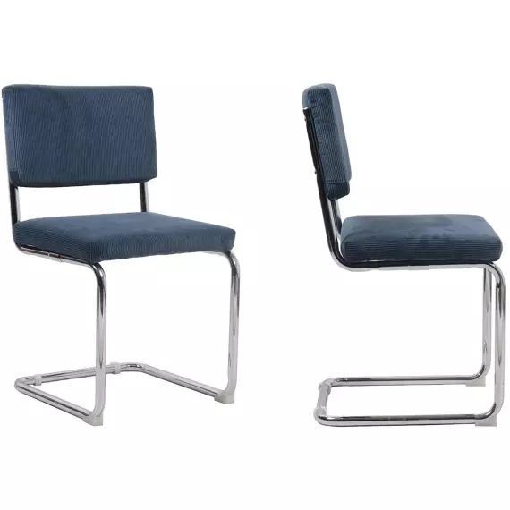 Lot de 2 chaises en velours côtelé bleu et métal chromé