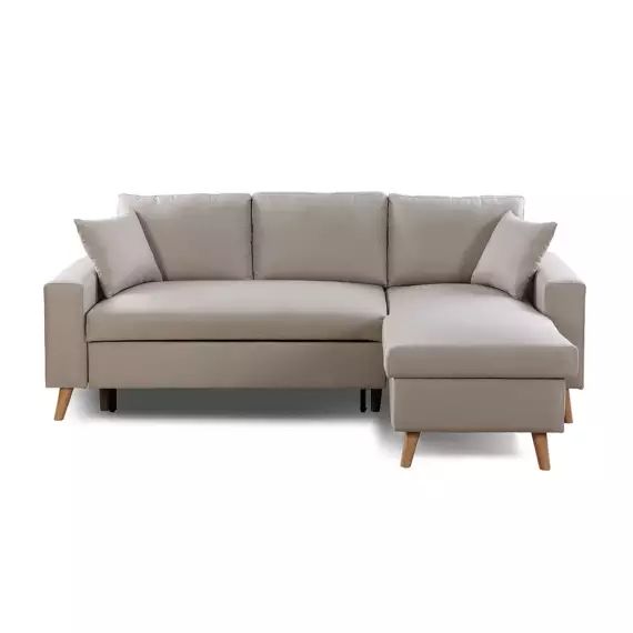 Canapé d&rsquo;angle scandinave convertible avec coffre en tissu beige