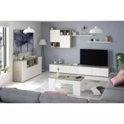 Ensemble TV mural GAETAN avec 2 meubles bas, 2 étagères et un meuble haut L260cm – Blanc et Bois – 260 x 40 x 37 cm – Usinestreet