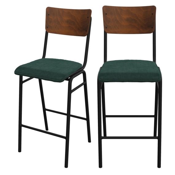 Chaise de bar 75 cm en bois foncé, velours vert (lot de 2)