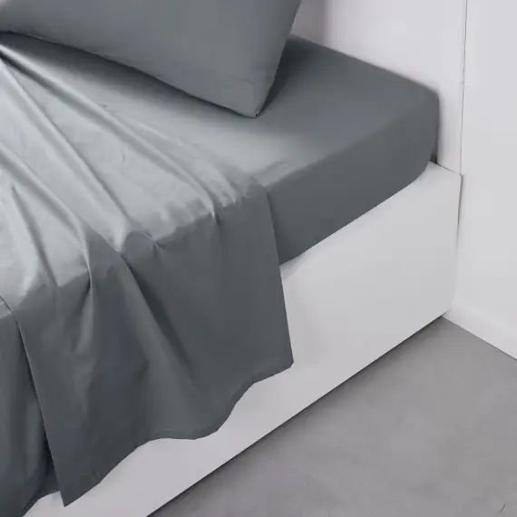 Drap plat pour lit 2 personnes uni en coton gris 240 x 300