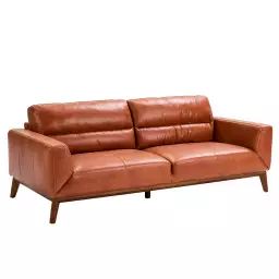 Canapé 3 places en cuir brun et bois