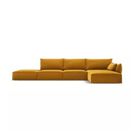 Canapé d’angle droit 5 places en tissu velours jaune