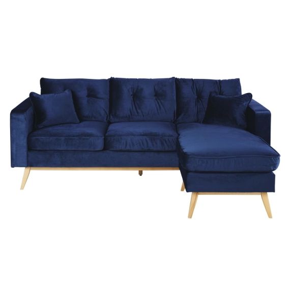 Canapé d’angle 4/5 places en bois de pin et velours bleu nuit