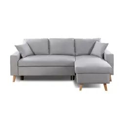 Canapé d’angle scandinave convertible avec coffre en tissu gris clair