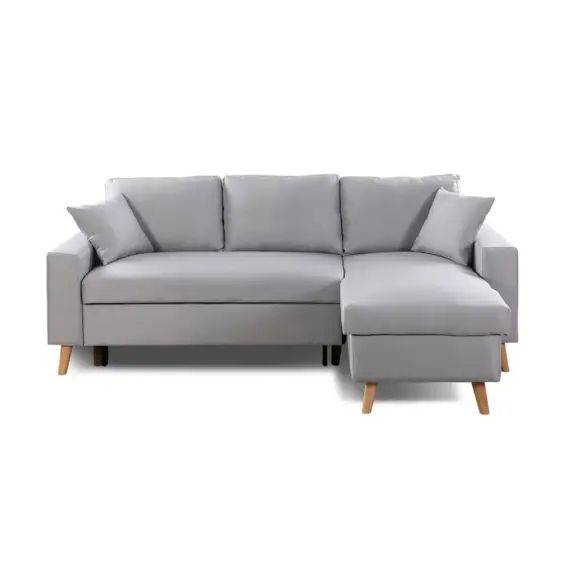 Canapé d&rsquo;angle scandinave convertible avec coffre en tissu gris clair