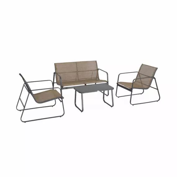 Salon de jardin 4 personnes métal et textilène anthracite et naturel