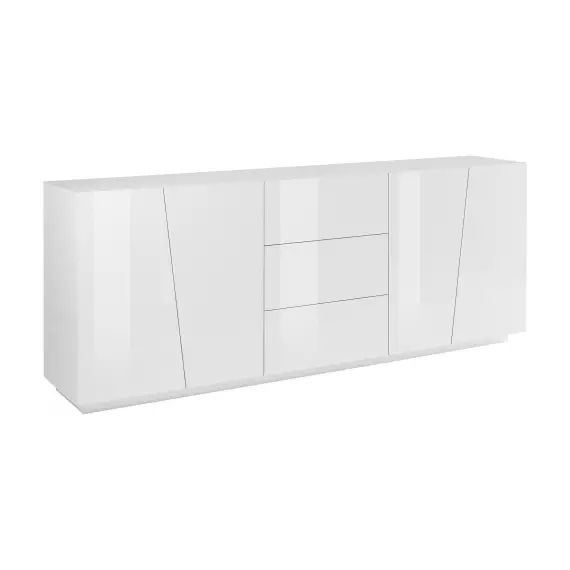 Buffet haut 4 portes et 3 tiroirs effet bois blanc brillant