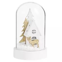 Statuette maisonnette lumineuse sous cloche en verre H12