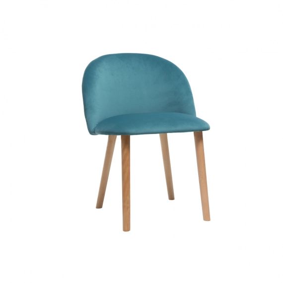 Chaise design velours bleu canard et bois CELESTE