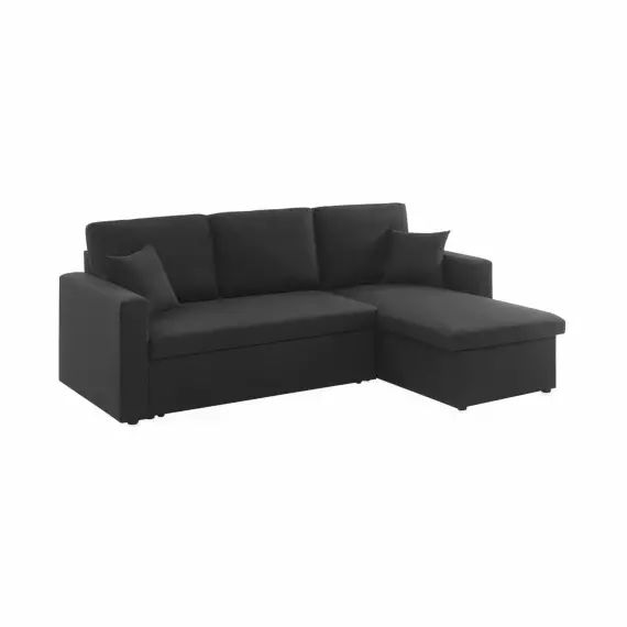 Canapé d&rsquo;angle convertible 3 places en tissu noir avec coffre