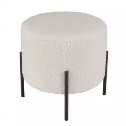 Tabouret rond 40x40cm tissu bouclette blanc pieds métal noir