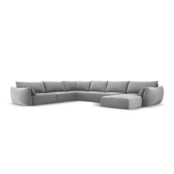 Canapé d’angle gauche panoramique 8 places en tissu velours gris