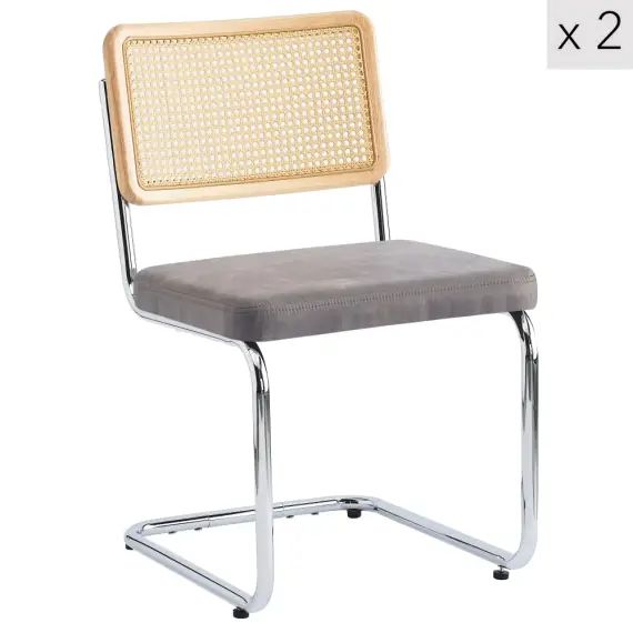 Lot de 2 chaises en métal et cannage avec assise en simili noir
