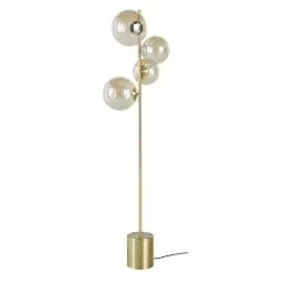 Lampadaire en métal doré 4 globes en verre ambré H150