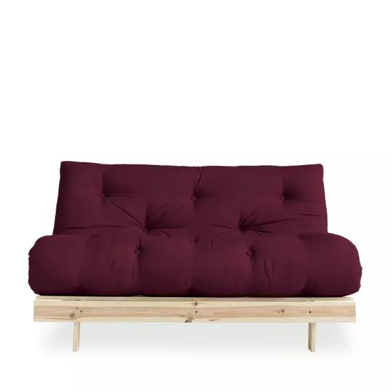 Canapé convertible en bois naturel et tissu bordeaux 2 places