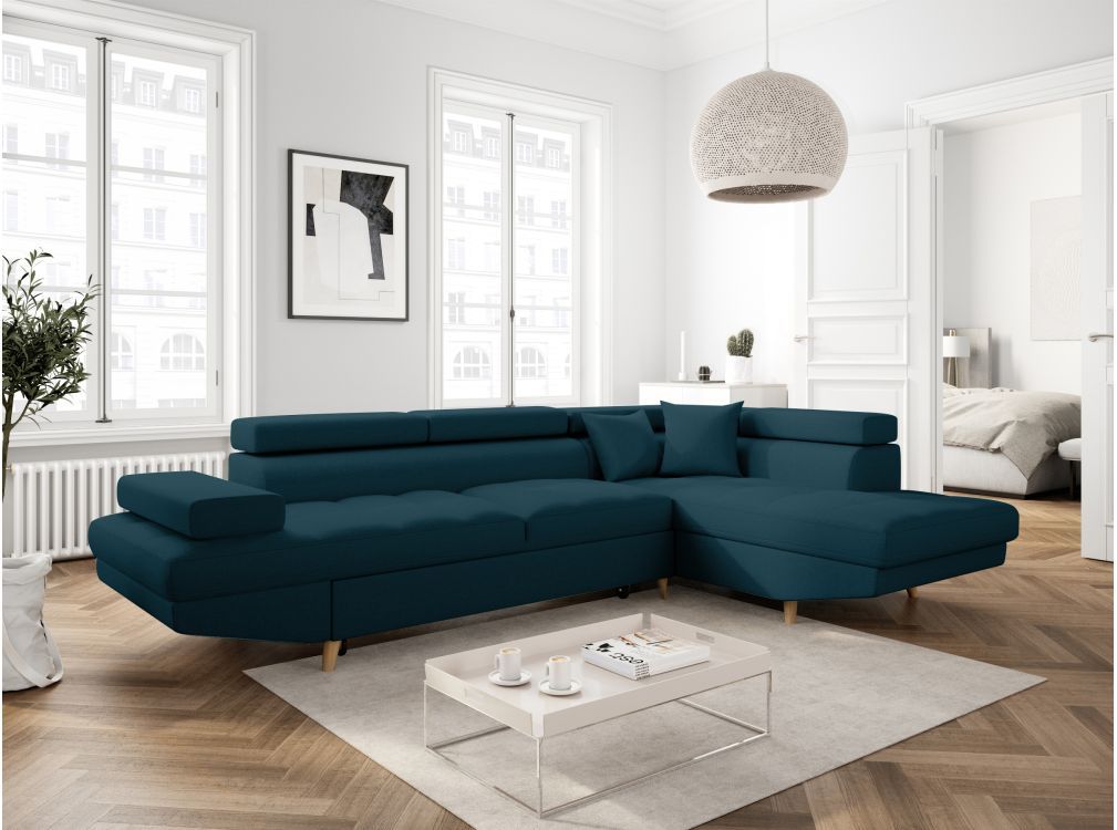Canapé d’angle RIO Convertible avec coffre en tissu – Angle Droit, Bleu pétrole, Pieds – Bois clair – 271 x 192 x 80 cm – Usinestreet