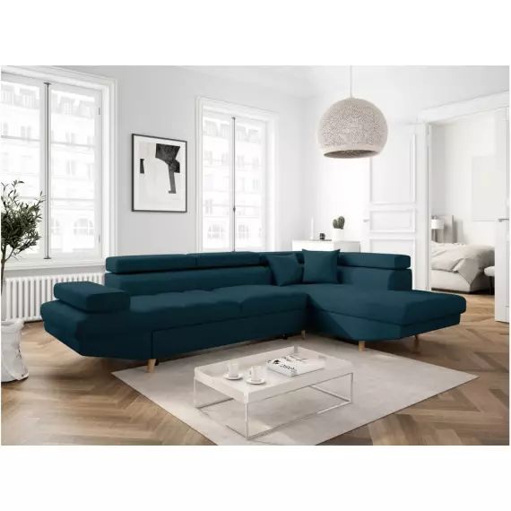 Canapé d’angle RIO Convertible avec coffre en tissu – Angle Droit, Bleu pétrole, Pieds – Bois clair – 271 x 192 x 80 cm – Usinestreet