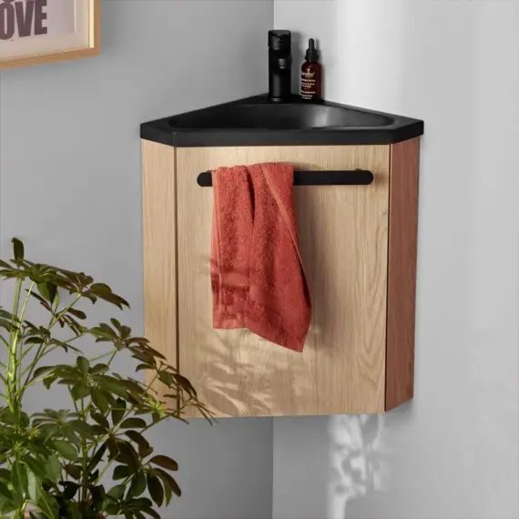 Meuble lave-mains d&rsquo;angle effet bois clair
