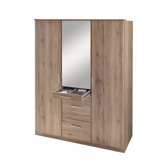 Armoire 3 portes dont 1 miroir, 4 tiroirs – L135 cm – Marron