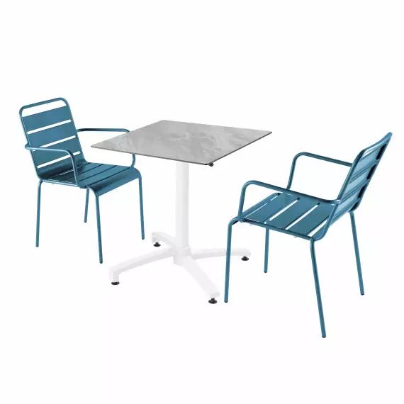 Ensemble table jardin stratifié marbre et 2 fauteuils bleu pacific