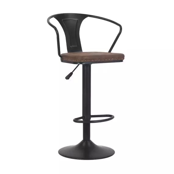 Chaise de bar pivotante en fer noir et simili cuir marron
