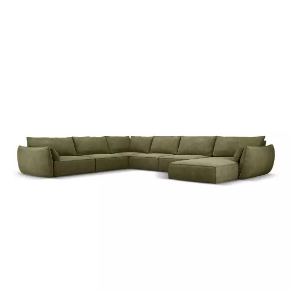 Canapé d’angle gauche panoramique 8 places en tissu chenille vert